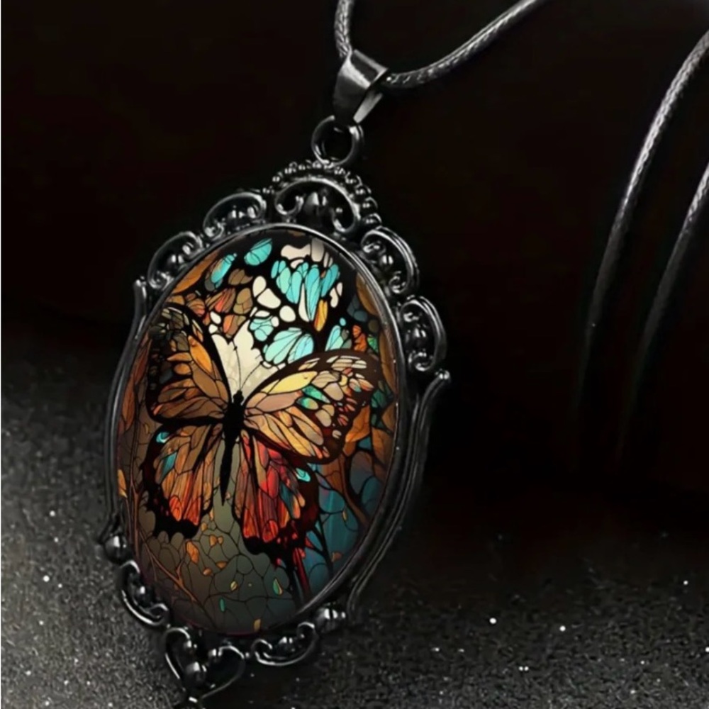 Elegant Butterfly Glass Pendant Necklace with Black Frame -Oval Time Gem Jewelry